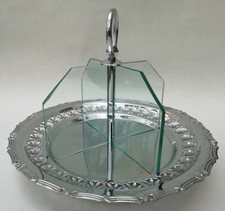Art Deco Cake Sandwich Plate Stand Chrome Plated & Glass Dividers Vintage