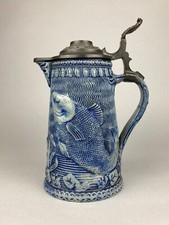 V. UNUSUAL & ATTRACTIVE GERMAN SALT GLAZE WESTERWALD JUG STEIN W/ FISH CARP