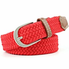 Mens Ladies Belts Canvas Webbing Braided Leather U Buckle Elastic Woven Stretch