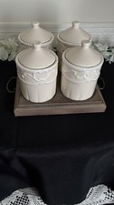 Vintage Set Of 4 Off White Ceramic French Storage Jars With Lids & Handled Tray