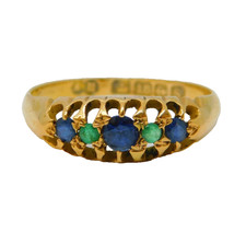 18ct Yellow Gold Sapphire & Emerald Boat Ring Antique 1917 Birmingham