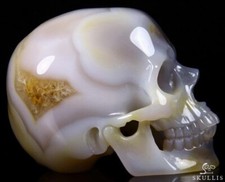 Huge 5.0" Grey & White Agate Carved Crystal Skull, Super Realistic