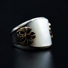 Men's Double Eagle Pattern 925 Sterling Silver Mother Of Pearl Gemstone Ring