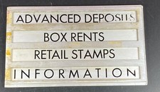 Post office Counter Sign Box Rents Retail Stamps Adv Deposits Next WIndow 1960s