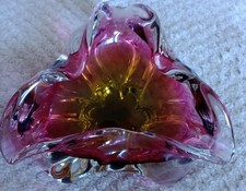 LARGE HEAVY GREEN & PINK CZECH CHRIBSKA FREEFORM ART GLASS BOWL JOSEF HOSPODKA