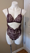 VICTORIA’S SECRET Women’s Large Maroon 1 Piece Strappy Lace Thong Teddy Lingerie