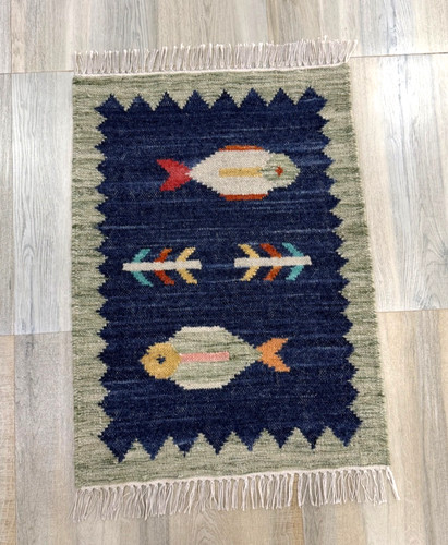 Hand woven wool rug 3 - woven, blue
