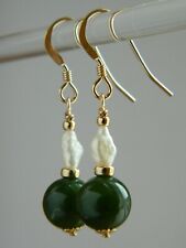 Vintage Genuine Green Nephrite JADE Gemstone, River Pearls, Rolled Gold Earrings