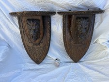 Antique Pair Huge Wall Shelf Bracket Lion Mask Oak 1890s France-Project-23" High