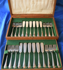 Mappin & Webb 24pc Silver Plate Princes Plate Fish Cutlery Knives Forks Oak Box