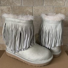 UGG Classic Short II Metallic Fringe Gold Suede Fur Youth Kid Girl 3 = Women 5