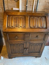 Antique Vintage Solid Oak Bureau Writing Desk Carved Linenfold - Drawer /Cabinet