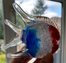 Vintage Art Glass Fish Red White Blue Striped Figurine Hand Blown Paperweight