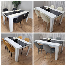 Dining White Black Wood Table with 4 Gem pattern Leather Chairs Dining Room Set