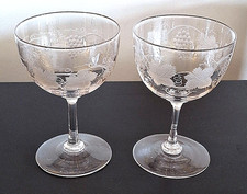 TWO ANTIQUE CHAMPAGNE GLASSES ENGRAVED GRAPE & VINE DEEP SHAPE c.1900