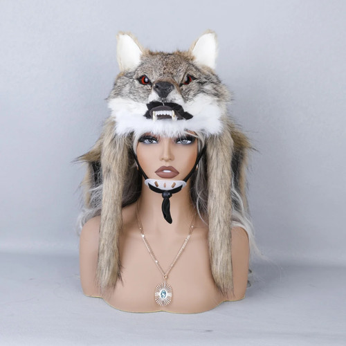 Faux fur wolf head hat - hat, unisex