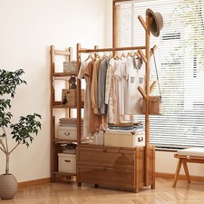 Clothes Rail Rack Bamboo Open Wardrobe Closet Garment Rack w/ Storage Organizer