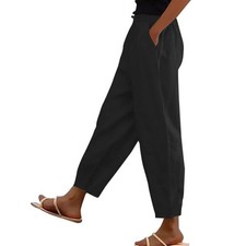 Ladies Elastic Waist Cotton Trousers Women Casual Baggy Wide Leg Harem Pants UK