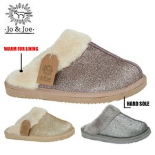 Ladies Slippers Womens Sparkly Warm Fur Lined Winter Warm Mules Shoes House Size