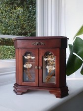 Vintage Wooden Cabinet Jewellery Music Box SWAN LAKE Faux Stained Glass