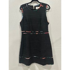 Kate Spade Black Textured Fit Flare Dress Tropical Floral Trim Size 14