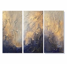 Stunning set of 3 x Abstract Textured Canvases in Navy, Gold & Greys. 90x60cm