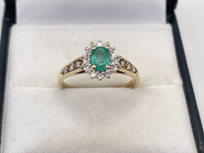9ct Gold Hallmarked Emerald & Diamond Cluster Ring. Goldmine Jewellers.
