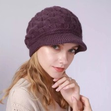 Women Ladies Knitted Beret Hat Winter Warm Bucket Hat Fleece Lined Flat Cap UK