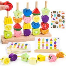 Montessori Wooden Toys for 2 3 4 Year Old Boys Girls Threading Beads Stacking