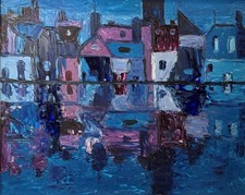 Cubist Townscape Abstract Oil Painting c1960s Reflections in the River Intld MEW