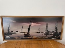 Large Oil On Board - Coastal Boat Night Landscape - Framed & Signed 47" x 20"