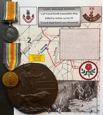 WW1 Pair & Plaque L/Cpl W Hancox 4th Loyal North Lancs KIA Casualty Trench Raid 