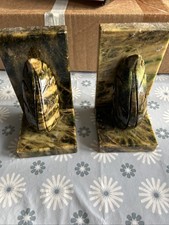 Vintage Genuine Alabaster Hand Carved Leaf Shape Book Ends Made In Italy