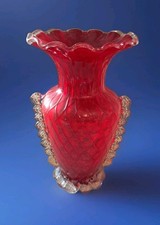 Vintage MCM Murano Salviati Art Glass Quilted Baluster Vase Red Gold Aventurine