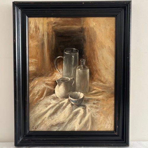 Vintage signed oil board - signed,