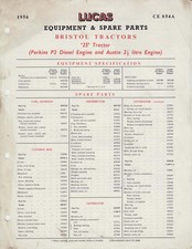 Bristol Tractors 25 Lucas Spare Parts List  1956 Single Sheet NOT ILLUSTRATED