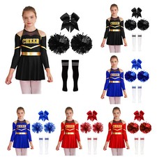 UK Kids Girls Uniform 5Piece Outfit Cheer Leader Dress Dancing Pompom Carnival