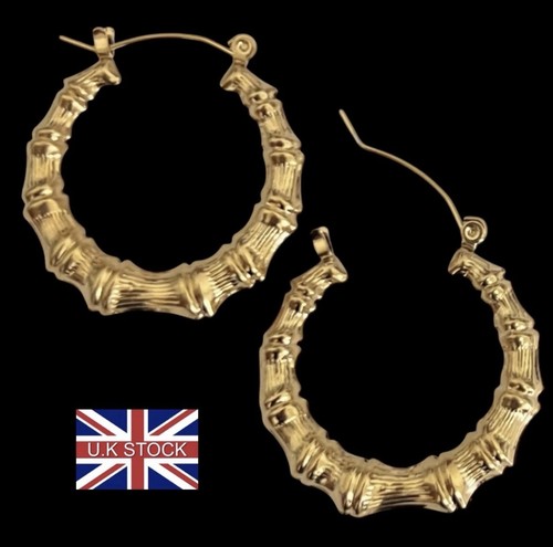 Gold bamboo hoop earrings 18ct - earrings,
