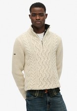 Superdry Jumper Half Zip Cable Knit Long Sleeve Pullover Wool Mix Ecru Cream
