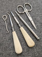 Antique Sewing Tools Bovine Bone Handles Button Glove Hook & Hole Punch Stiletto