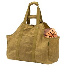 Woodside Firewood Log Carrier Bag, Heavy Duty Waterproof Waxed Canvas w/ Handles