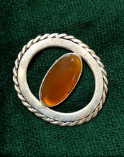 Celtic style sterling silver brooch /pin with amber signed OMG for Ola Gorie