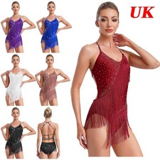 Women Modern Dance Costume Sleeveless Sequin Tassel Latin Jazz Leotard Bodysuit