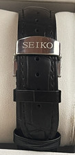 Seiko 18mm Black Leather Croc Style strap with stainless steel Deployment Clasp