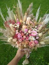 Dried Flowers Pink Bridal Bouquet, With Pampas, Strawflowers, Wedding Flowers UK