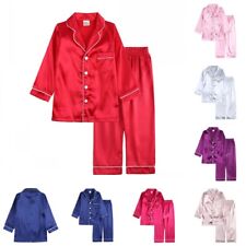 Kids Satin Pyjamas Nightwear PJs Set Silk Long Sleeve Pants Button Sleepwear UK