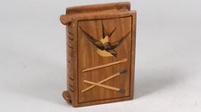 ANTIQUE TREEN INLAID VESTA CASE MATCH SAFE BOX  SWALLOW