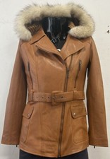Ladies Light Tan Fur Hood Soft Casual Crosszip Style Lambskin Leather Jacket