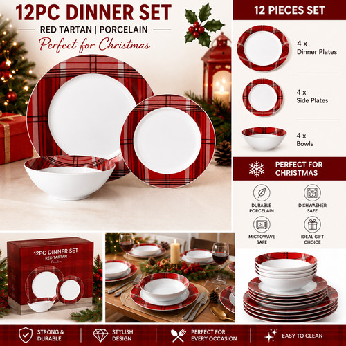 12pc red tartan porcelain - 12pc,