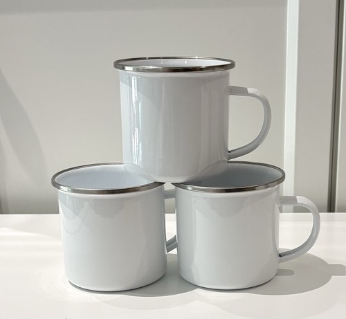 White enamel mug silver rim - enamel,